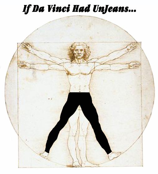 Leonardo Da Vinci Vitruvian Man wearing UnJeans Freedom Pants leggings